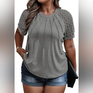 Eytino Plus Size Top  Summer Lace Short Sleeve Crewneck Loose Casual